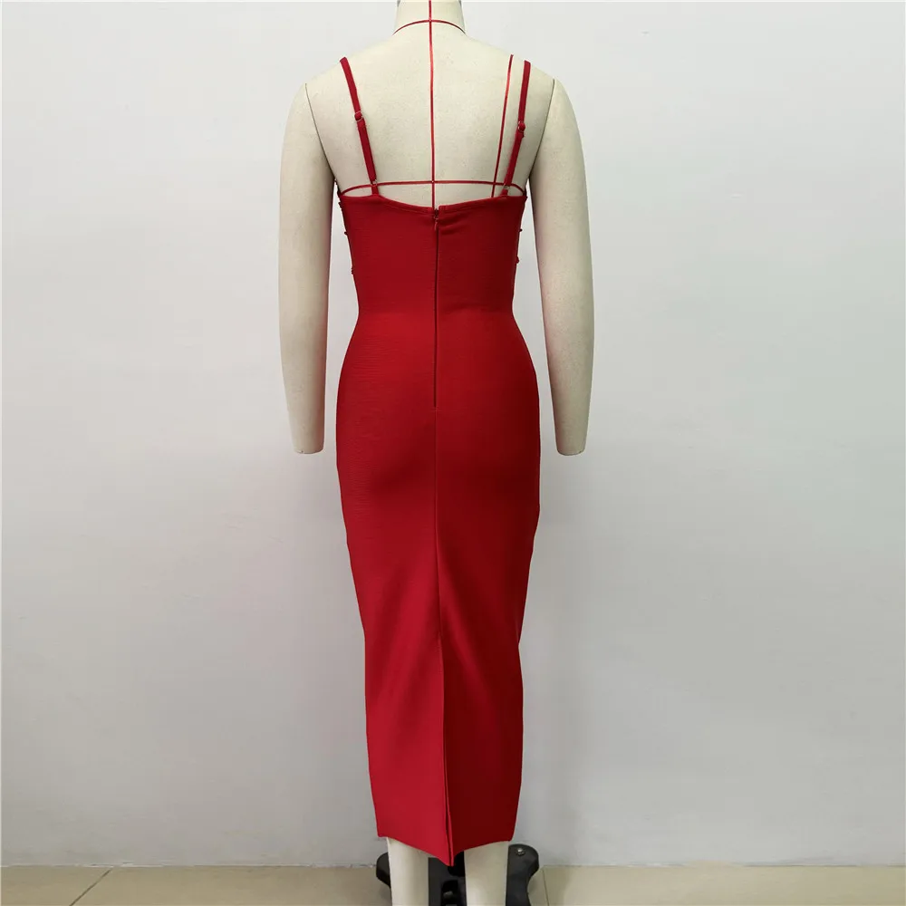 Color: Red, Size: L - Women Sexy Beading Spaghetti Strap Bandage Dress Bodycon Clothes Club Party Celebrity Elegant Dresses