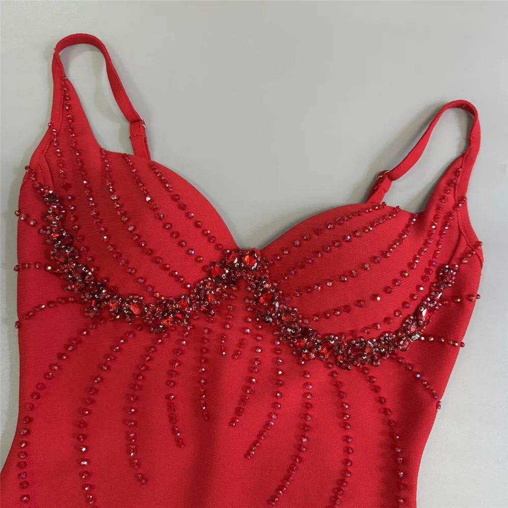 Color: Red, Size: L - Women Sexy Beading Spaghetti Strap Bandage Dress Bodycon Clothes Club Party Celebrity Elegant Dresses
