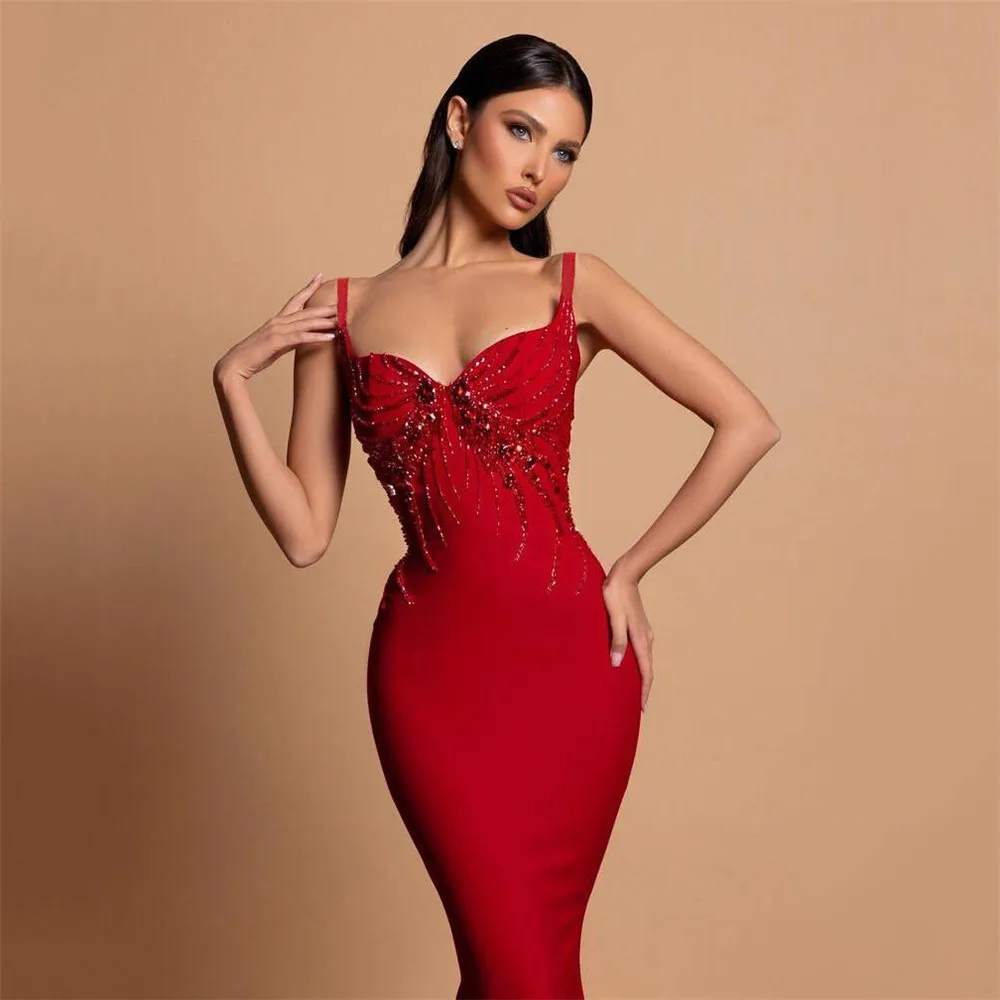 Color: Red, Size: L - Women Sexy Beading Spaghetti Strap Bandage Dress Bodycon Clothes Club Party Celebrity Elegant Dresses