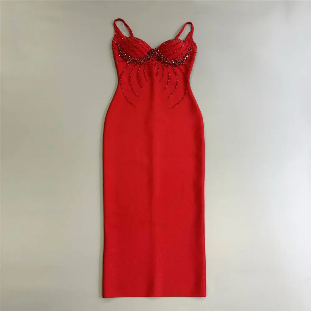 Color: Red, Size: L - Women Sexy Beading Spaghetti Strap Bandage Dress Bodycon Clothes Club Party Celebrity Elegant Dresses