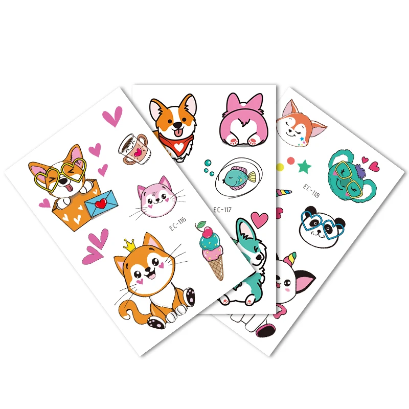 Color: wine red - Cartoon Animal Waterproof Temporary Tattoo Cute Pet Cats and Dogs Tattoo Stickers Children Boy Girl Fake Body Art Flash Tatoo
