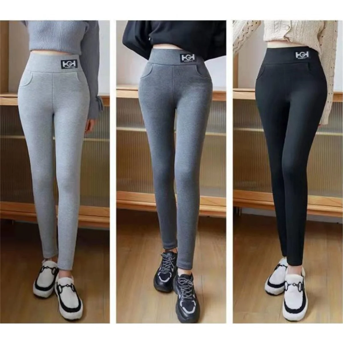 Color: Dark Grey, Size: M - Winter Women Leggings Solid Warm Leggings Thicken Lambwool Hight Waist Fleece Keep Butt Lift High Stretchy Walking Pants Pocket