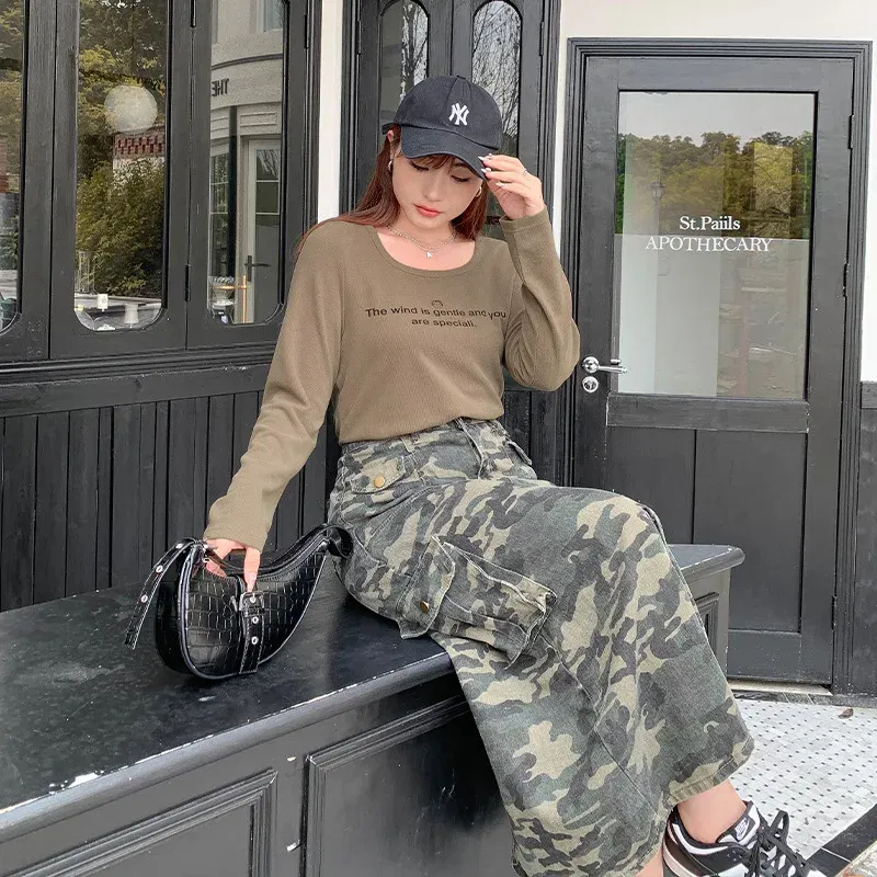 Color: Beige, Size: S - Casual Camouflage Skirt with Pockets Plus Size Women's High Waist A-Line Long Skirt