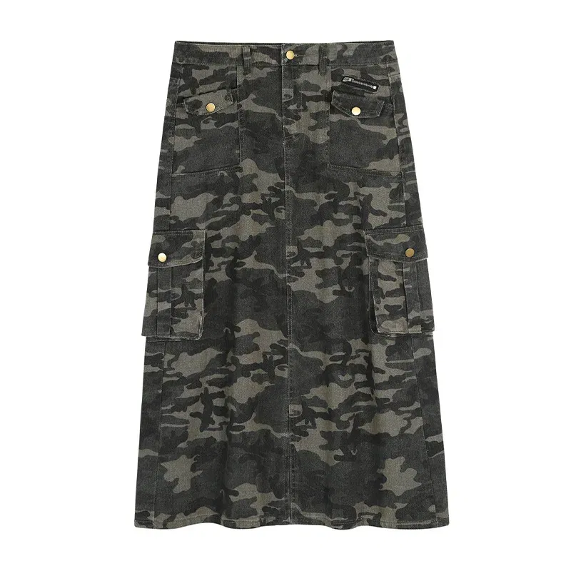 Color: Beige, Size: S - Casual Camouflage Skirt with Pockets Plus Size Women's High Waist A-Line Long Skirt