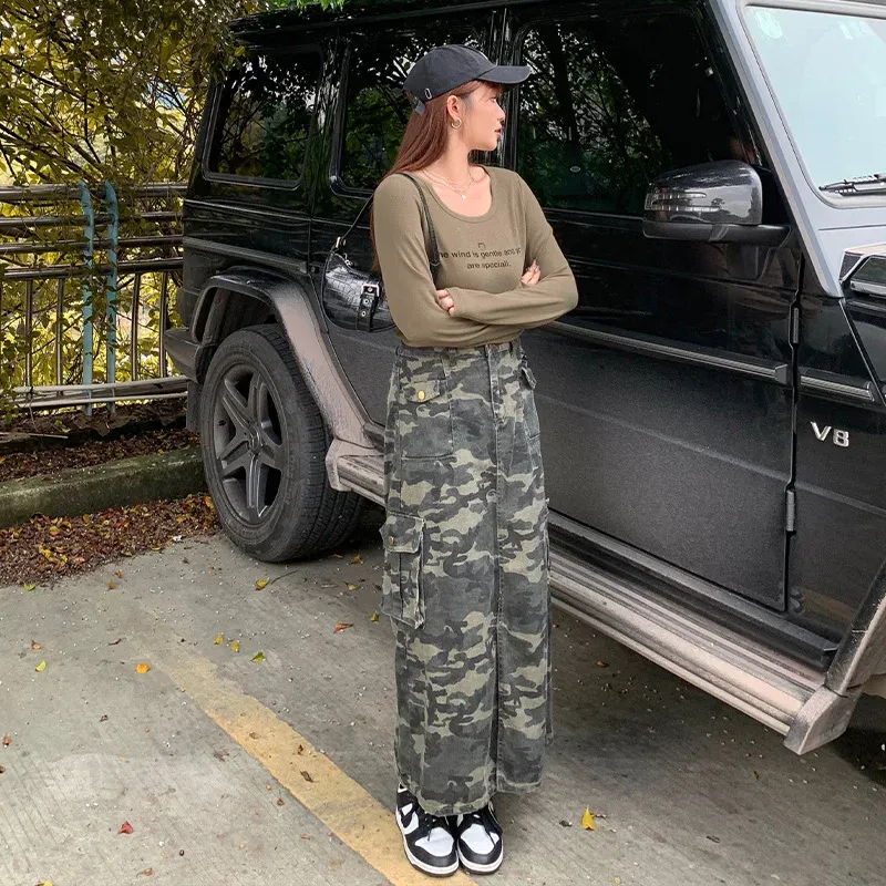 Color: Beige, Size: S - Casual Camouflage Skirt with Pockets Plus Size Women's High Waist A-Line Long Skirt