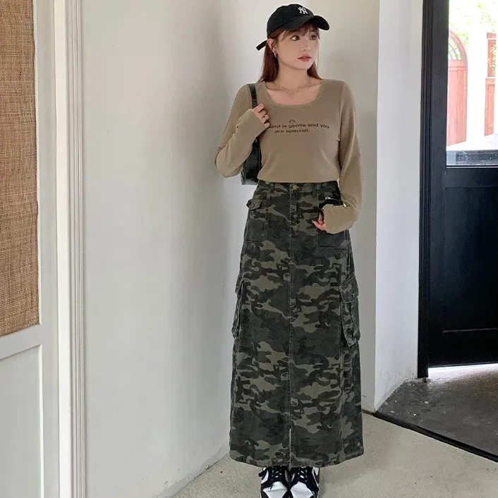 Color: Beige, Size: S - Casual Camouflage Skirt with Pockets Plus Size Women's High Waist A-Line Long Skirt