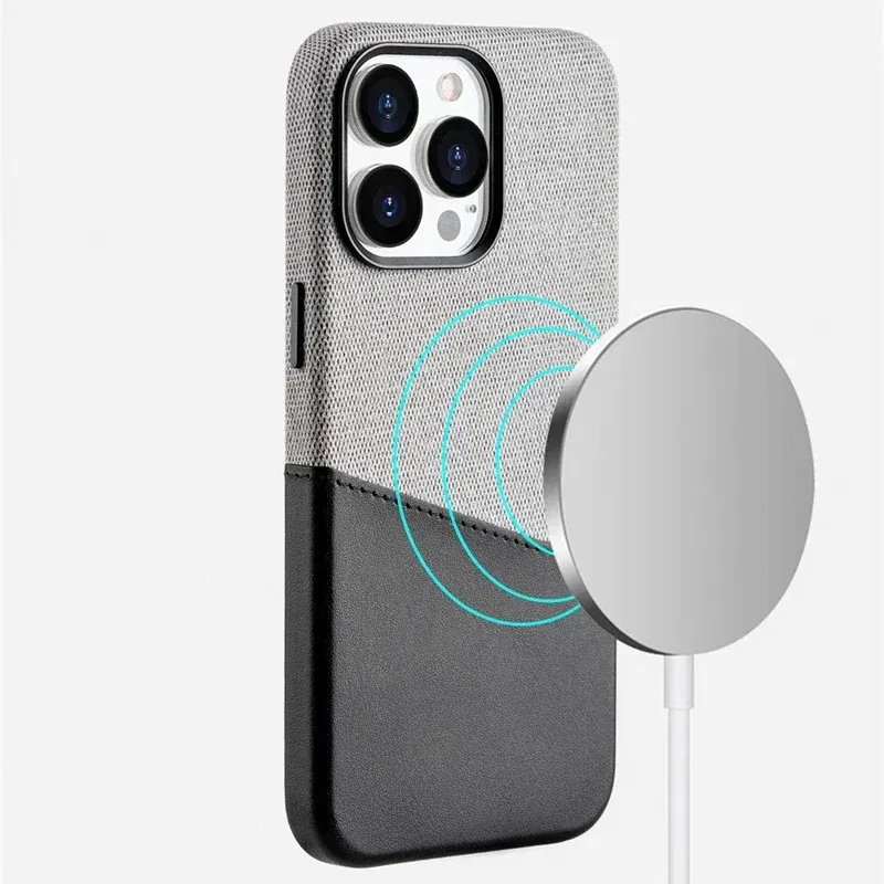 Color: black, Material: Microfiber - Card Holder MagSafe Leather Phone Case For iPhone 14 16 Pro Max 13 15 Pro 12 Pocket Wireless Charging Alloy Lens Hit Color Cover