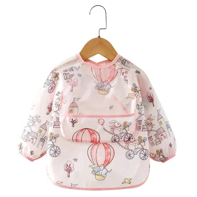 Size: S, Color: Pink - Baby Food Overalls Waterproof and Dirt-proof CHILDREN'S Apron Bib Spring and Autumn Girl Treasure Boy Baby Wash Back Wear Protec