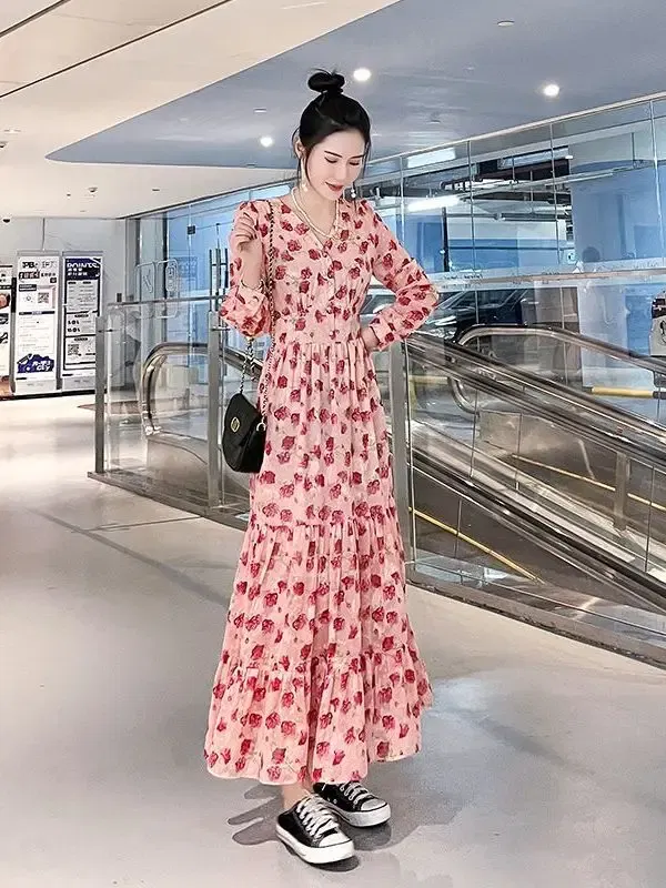 Color: black, Size: M - Chiffon floral dress 2024 spring/summer new high waisted slimming knee length skirt light luxury French style large skirt 3FWF