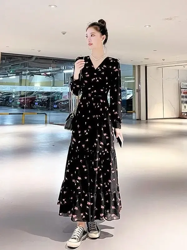 Color: black, Size: M - Chiffon floral dress 2024 spring/summer new high waisted slimming knee length skirt light luxury French style large skirt 3FWF