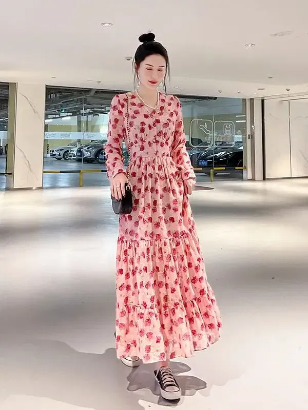 Color: black, Size: M - Chiffon floral dress 2024 spring/summer new high waisted slimming knee length skirt light luxury French style large skirt 3FWF