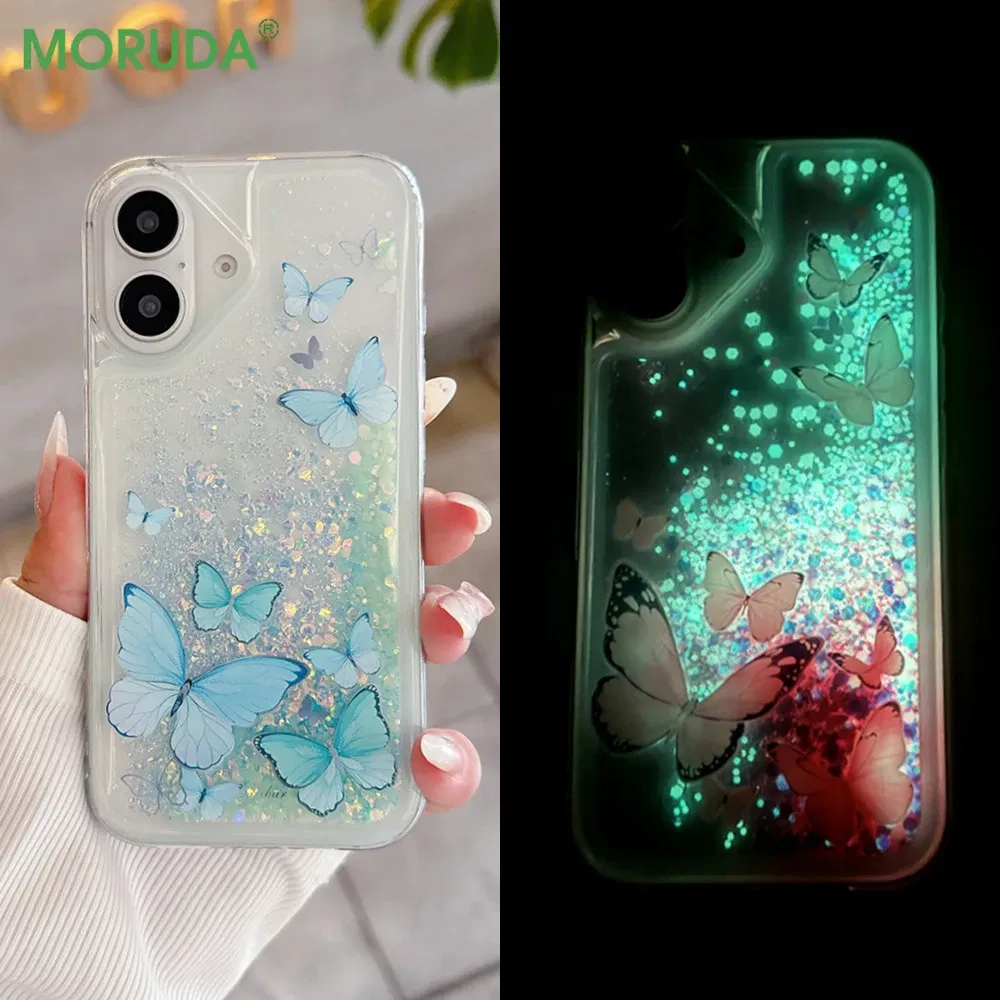 Color: PURPLE, Material: Plastic - Luminous Quicksand Glitter Butterfly Case for iPhone 16 15 14 Pro Max Plus 13 12 Mini 11 X Xs XR Soft Silicone Bling Shiny Cover