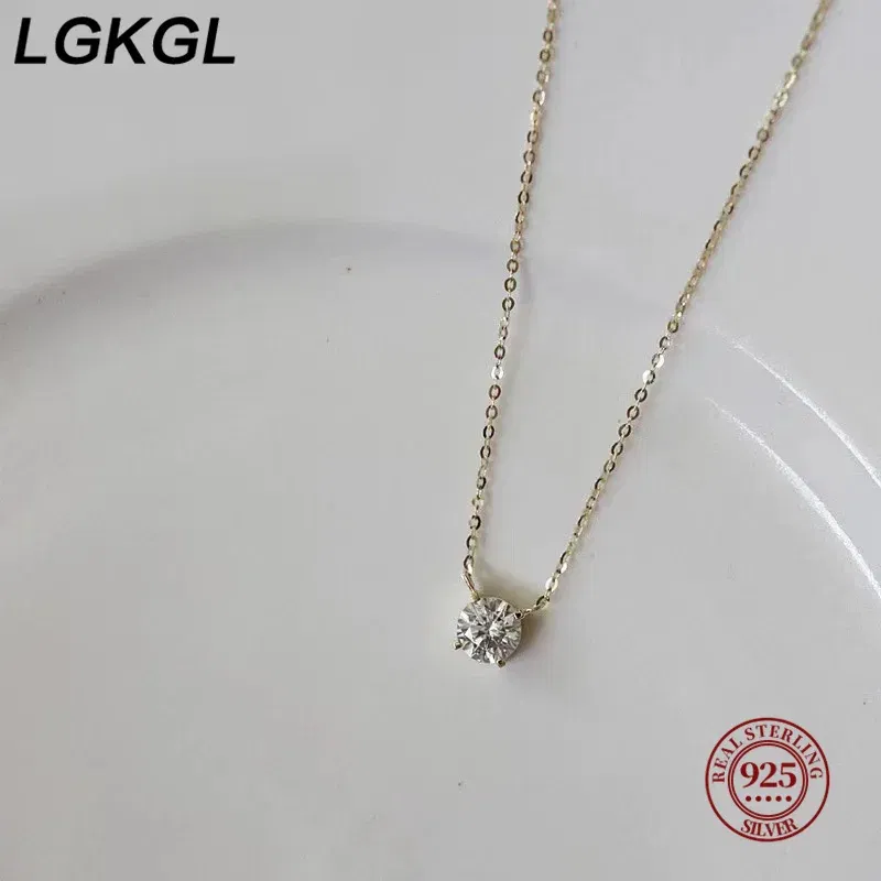 Gem Color: WHITE, Length: 45cm - LGKGL 925 Sterling Silver 18k Gold Plated Necklaces Versatile Single Sparkling 6mm Zircon Clavicle Chain Female Wedding collars