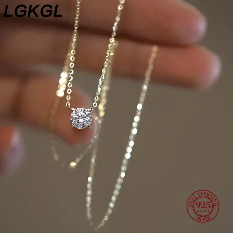 Gem Color: WHITE, Length: 45cm - LGKGL 925 Sterling Silver 18k Gold Plated Necklaces Versatile Single Sparkling 6mm Zircon Clavicle Chain Female Wedding collars