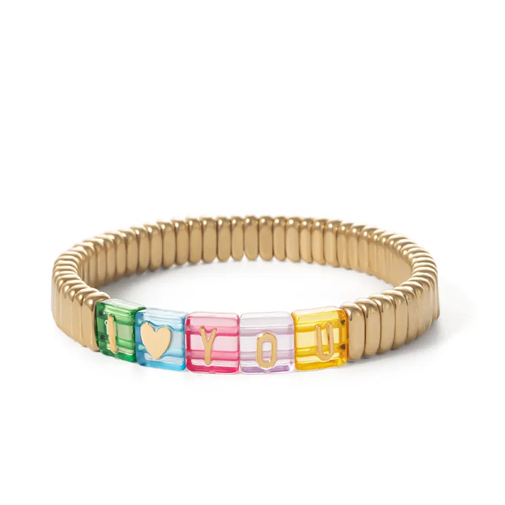 Metal Color: Rhodium Plated, Ships From: CHINA - Wholesale Gold Silver Color Elastic Bracelets Handmade Letter Charms Bracelets For Women 2X8MM Beads Bracelets Bohemain Jewelry