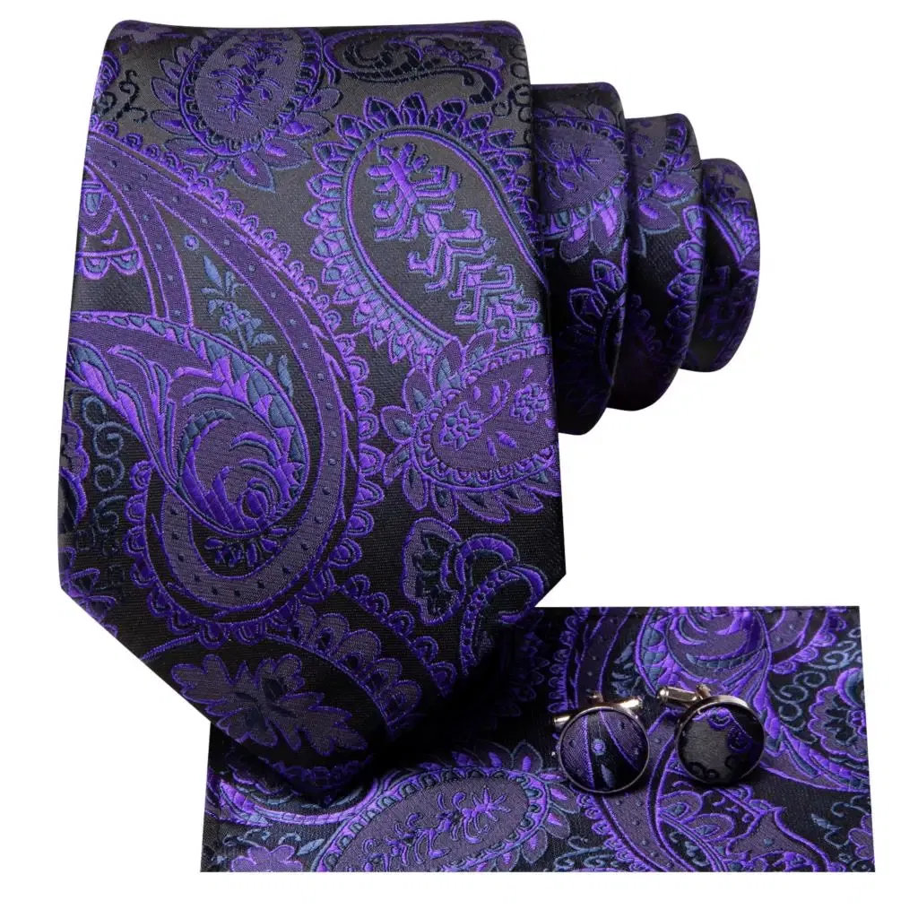 Color: Rose Red - Hi-Tie Purple Paisley Silk Elegent Tie for Men Novelty Design Handky cufflink Tie Set Party Business Wedding Dropshipping