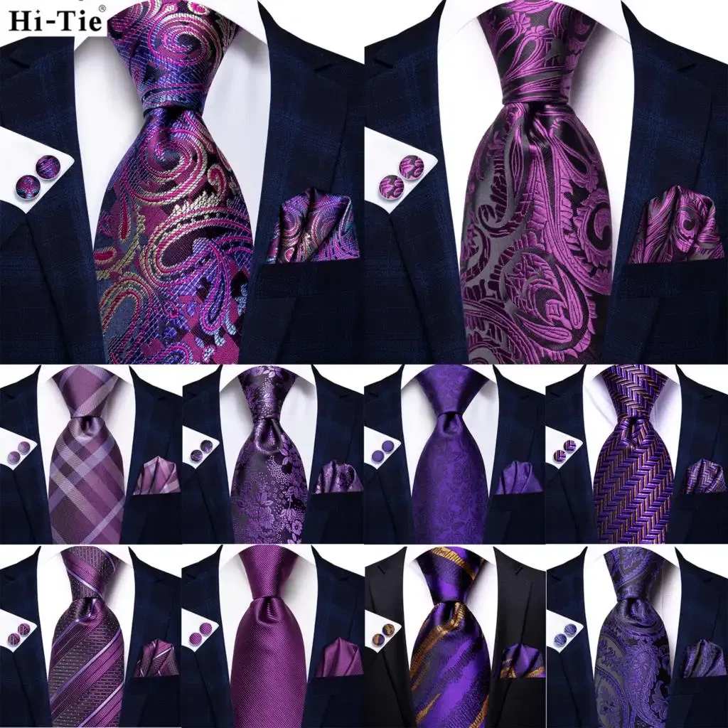 Color: Rose Red - Hi-Tie Purple Paisley Silk Elegent Tie for Men Novelty Design Handky cufflink Tie Set Party Business Wedding Dropshipping