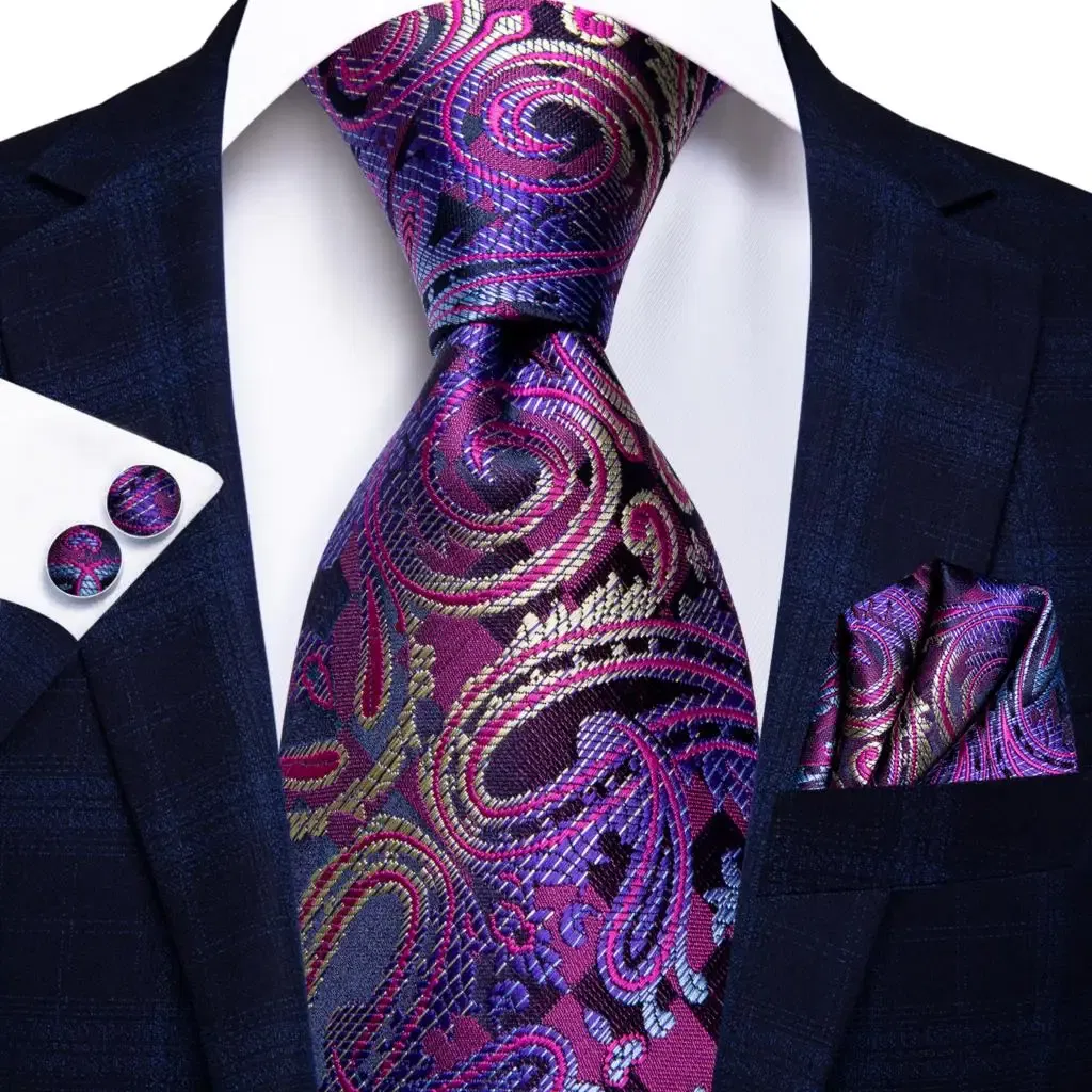 Color: Rose Red - Hi-Tie Purple Paisley Silk Elegent Tie for Men Novelty Design Handky cufflink Tie Set Party Business Wedding Dropshipping