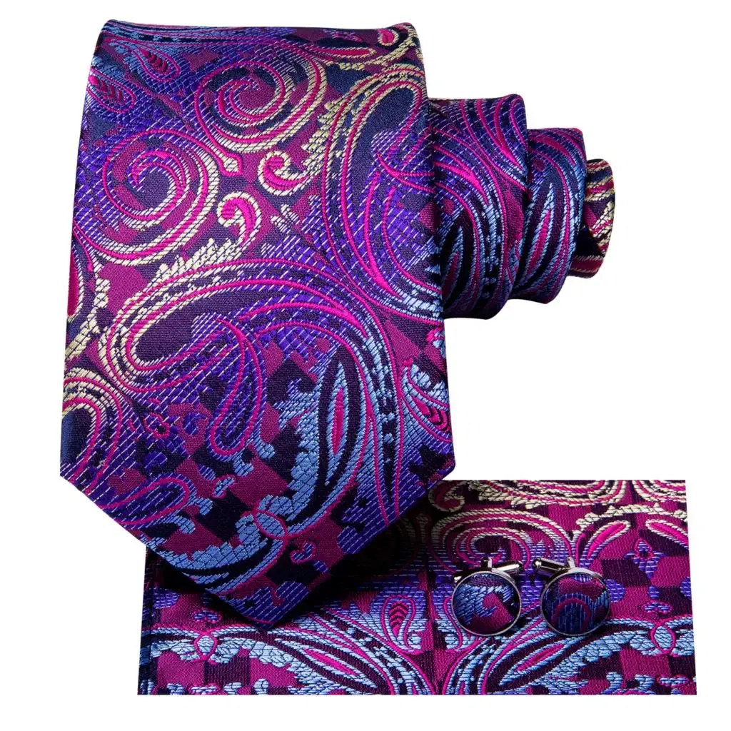 Color: Rose Red - Hi-Tie Purple Paisley Silk Elegent Tie for Men Novelty Design Handky cufflink Tie Set Party Business Wedding Dropshipping