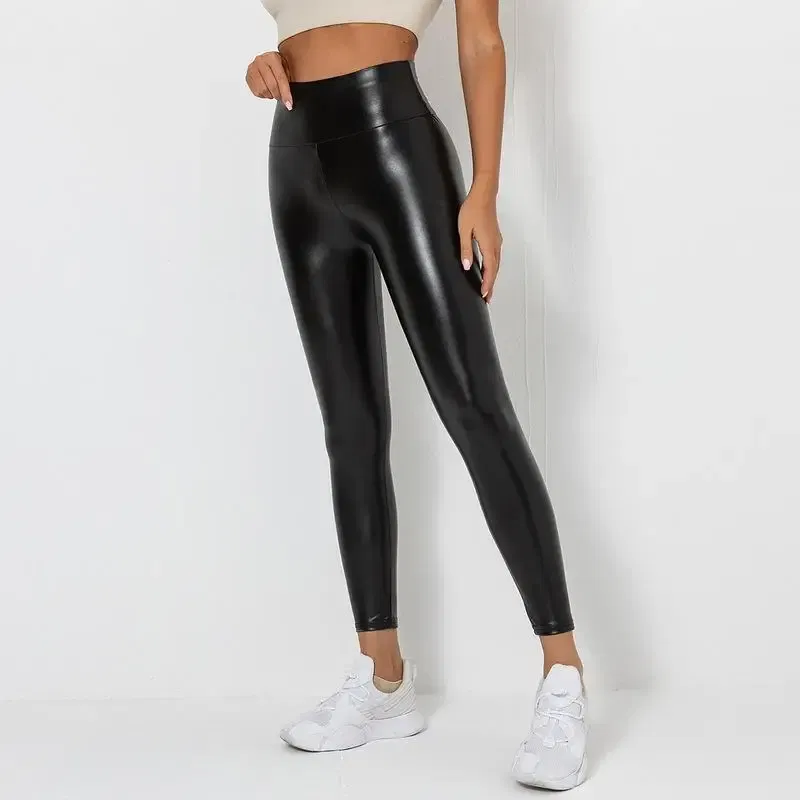 Color: Gold, Size: S - PU Leather Leggings Women Sexy Scrunch Butt Leggings Girls Faux Leather Pants High Waist Push Up Casual Leggings 6 Color