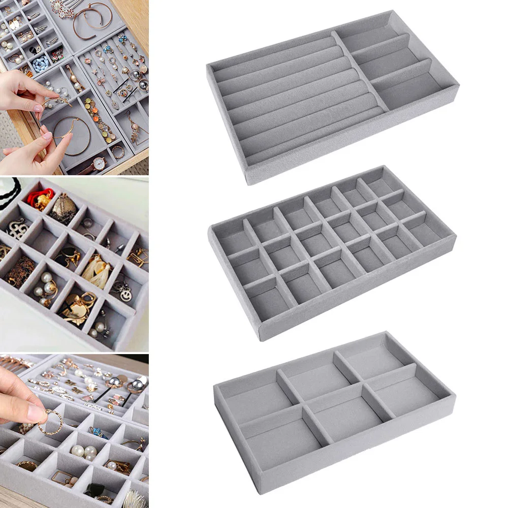 Color: Brown - Velvet Jewelry Storage Box Necklace Stackable Display Tray Bracelet Earring Organizers DIY Handicrafts Drawer Box Organizer Box