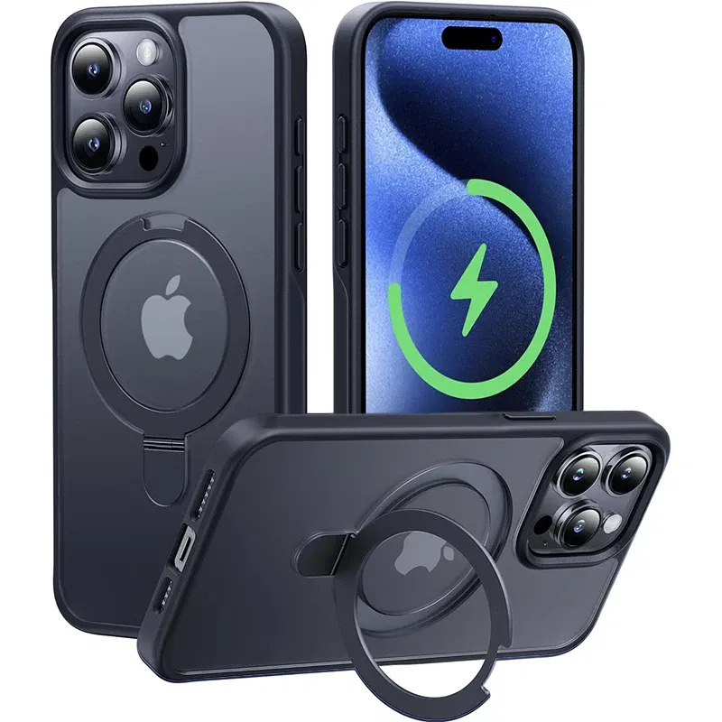 Color: Beige, Material: artificial leather - Magnetic Phone Case with Ring Stand for Wireless Charging iPhone 15 Pro Max 14 Plus 13 12 11 Translucent Cases Matte Slim Cov