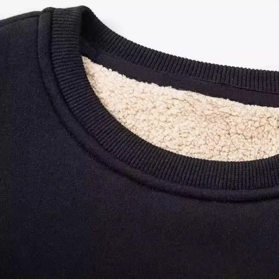 Color: black, Size: 4XL - Winter Men Fleece Sweatshirts Keep Warm Underwear Casual Solid Color Pullover Lambswool O-neck Thickened Thermal Underwear Tops