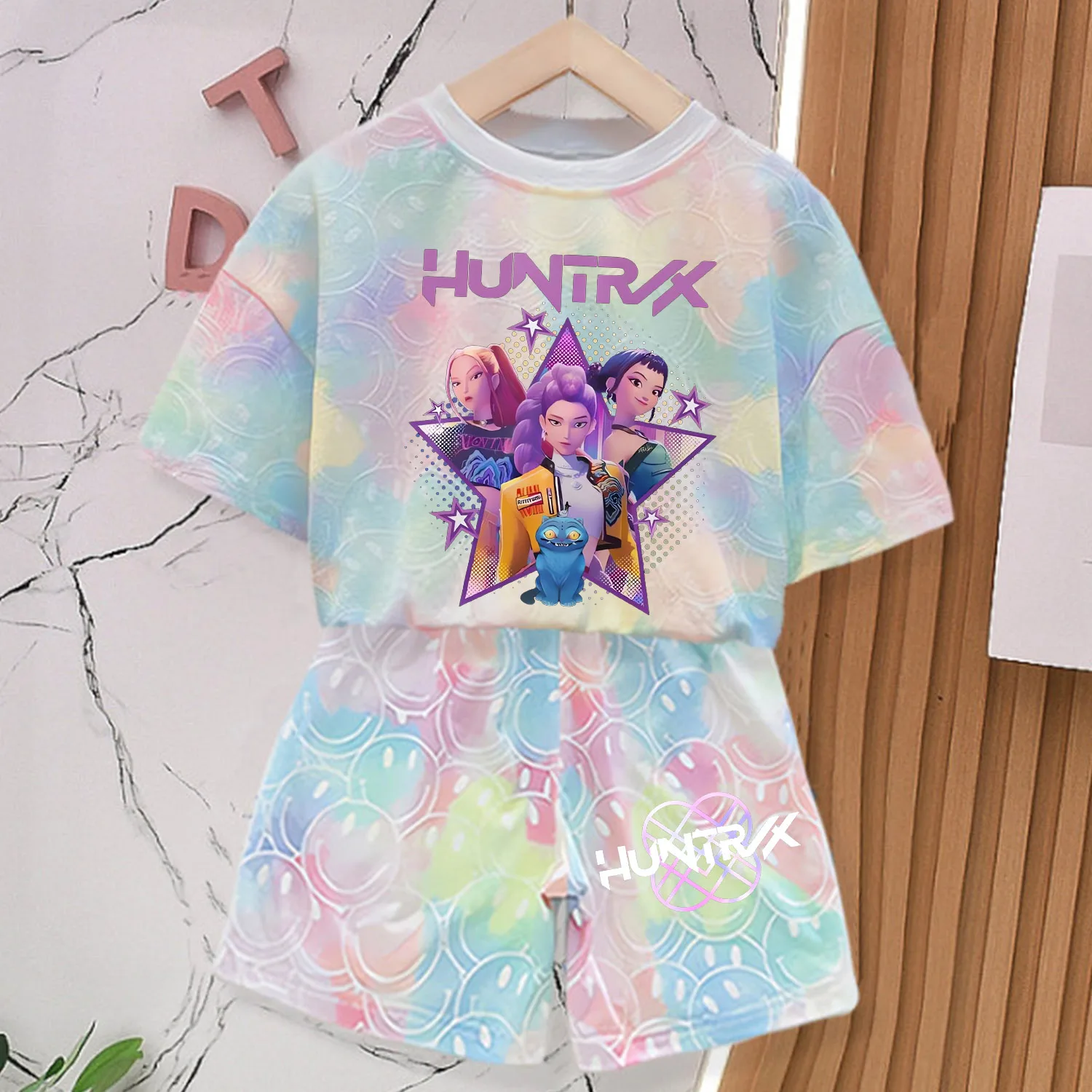 Color: Clear, Size: S - KPop Demon Hunters New T-shirt Pants Set Girls Summer Clothing Kawaii Smile Face Short Sleeve Outfits Kids Tee Top Pajamas Gift