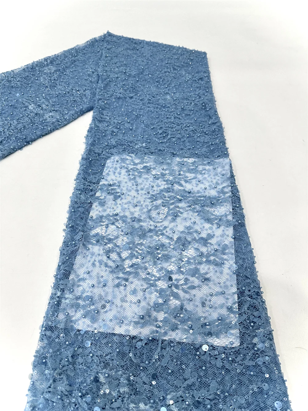 Color: DEEP BLUE, Width: 120cm, Length: 5 yards - Luxury French Mesh Beads Lace Fabric 2025 High Quality African Sequins Mesh Lace Fabrics For Nigerian Women Wedding Dress Sewing