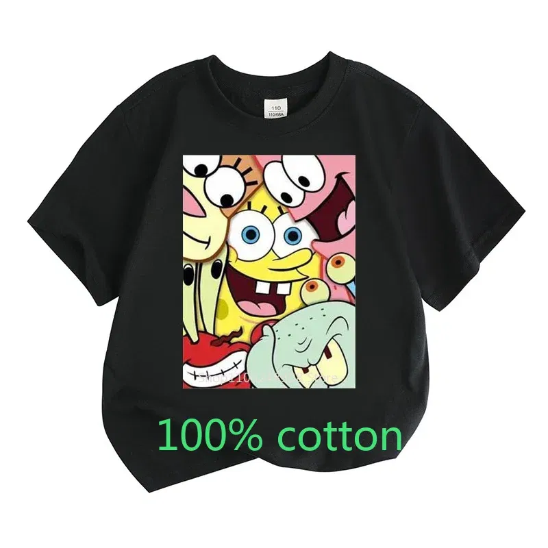 Color: Silver, Kid Size: 14T - Mr. Krabs Squidward  Sandy Spongebob T-shirt 100%Cotton  Children Round Neck Short-sleeved Boys Girls  Fashion Kids Clothes