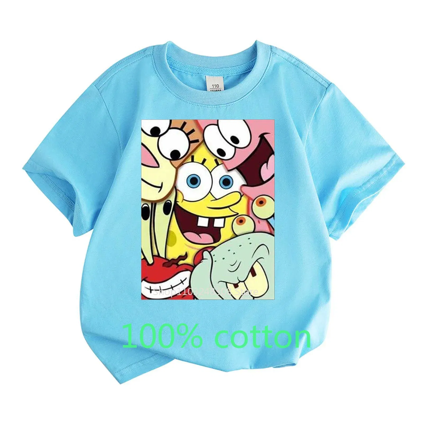 Color: Silver, Kid Size: 14T - Mr. Krabs Squidward  Sandy Spongebob T-shirt 100%Cotton  Children Round Neck Short-sleeved Boys Girls  Fashion Kids Clothes