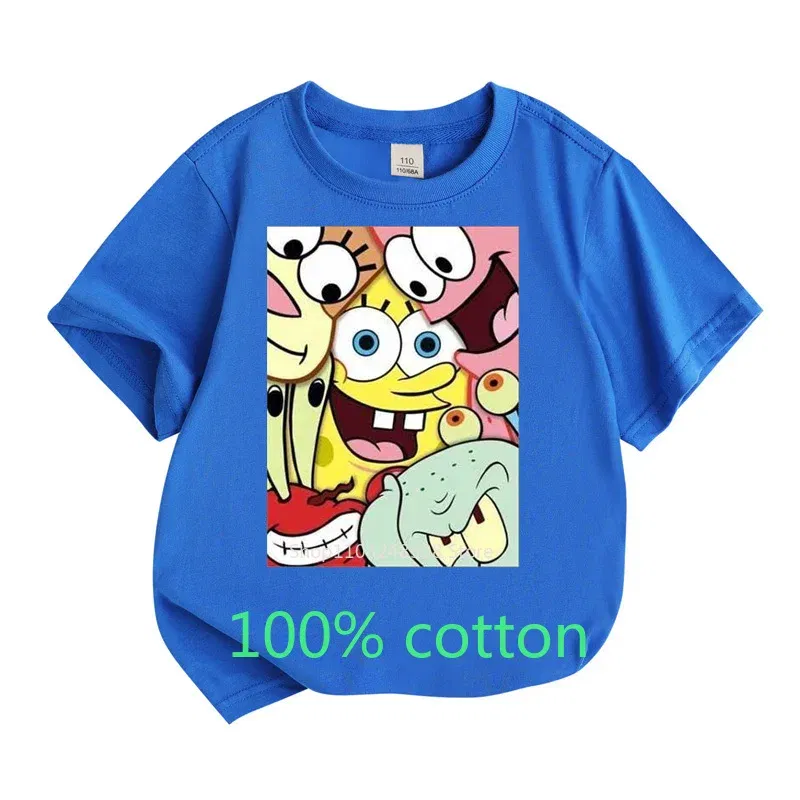 Color: Silver, Kid Size: 14T - Mr. Krabs Squidward  Sandy Spongebob T-shirt 100%Cotton  Children Round Neck Short-sleeved Boys Girls  Fashion Kids Clothes