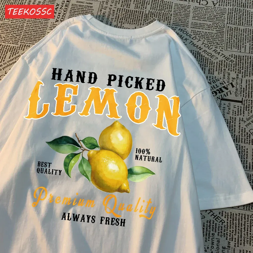 Color: Lemon yellow, Size: XL - Summer Lemon Cherries Prints T-Shirts Cotton Women's Tops Oversize O-Neck Soft Short Sleeve tees Street Casual Womans Clothes