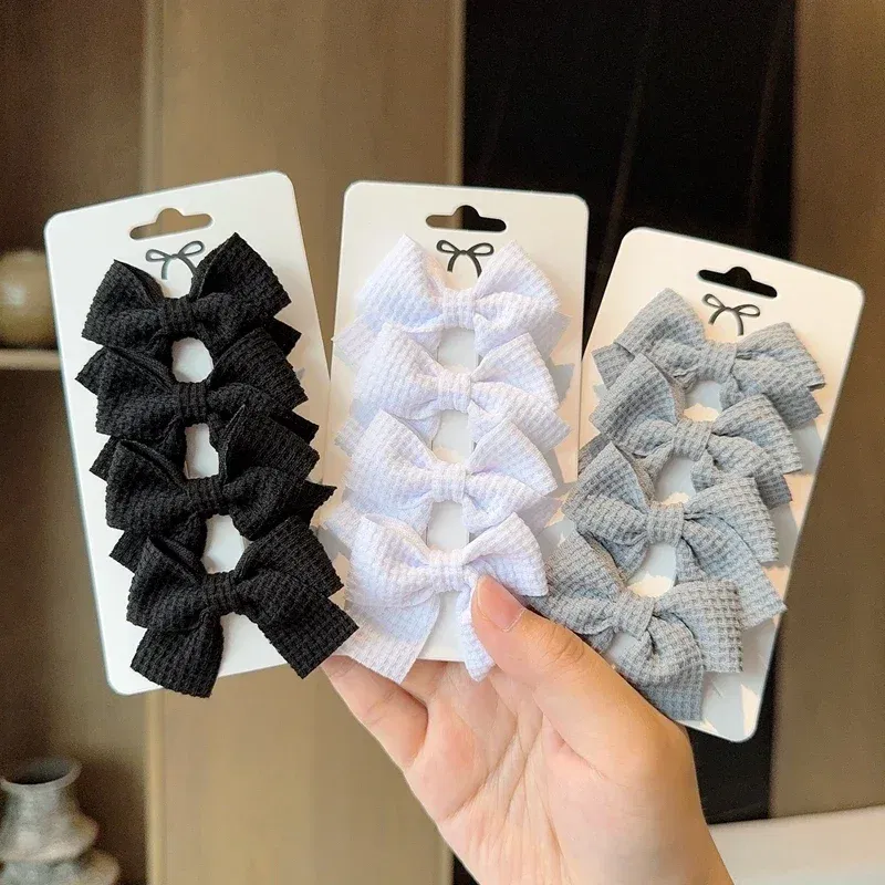 Color: Light Khaki - 4PCS Soft Cotton Bow Hairpin Girl Sweet Plaid Design Hairpin Color Block Delicate Hairgripe Barrettes Kawaii Child Accessories