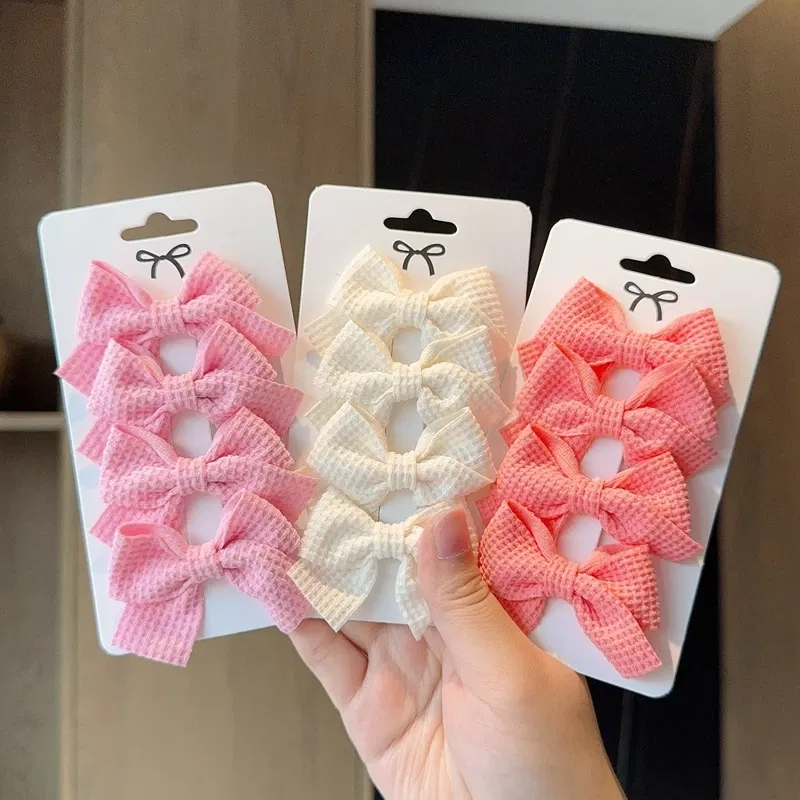 Color: Light Khaki - 4PCS Soft Cotton Bow Hairpin Girl Sweet Plaid Design Hairpin Color Block Delicate Hairgripe Barrettes Kawaii Child Accessories