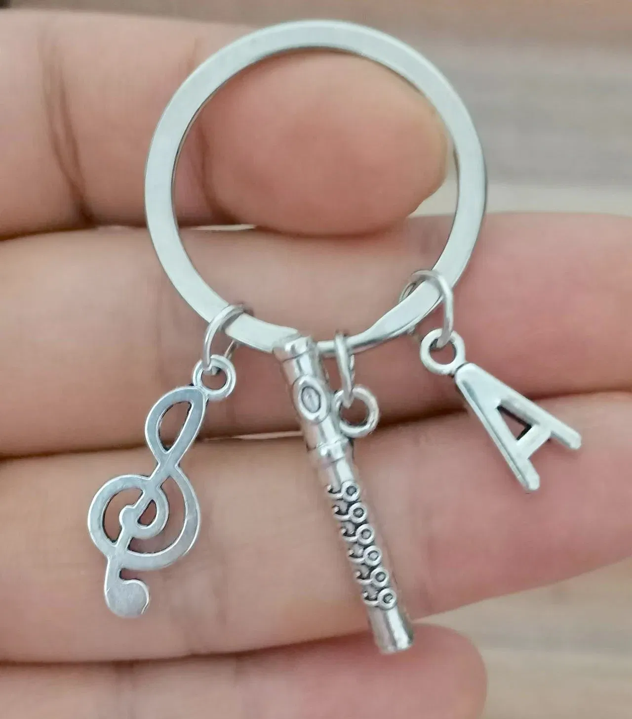 Color: Beige - 26 Letter Flute Musical Instrument Keychain Music Lovers Key Ring