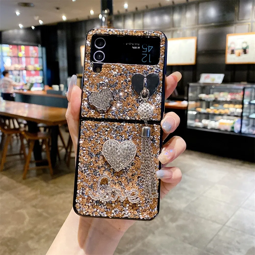Color: Black, Material: ABS - Luxury Heart Diamond Tassel Phone Case for Samsung Galaxy Z Flip5 Case Z Flip4 Cover Z Flip3 Capa Z Flip 5 4 3 Cover 5G