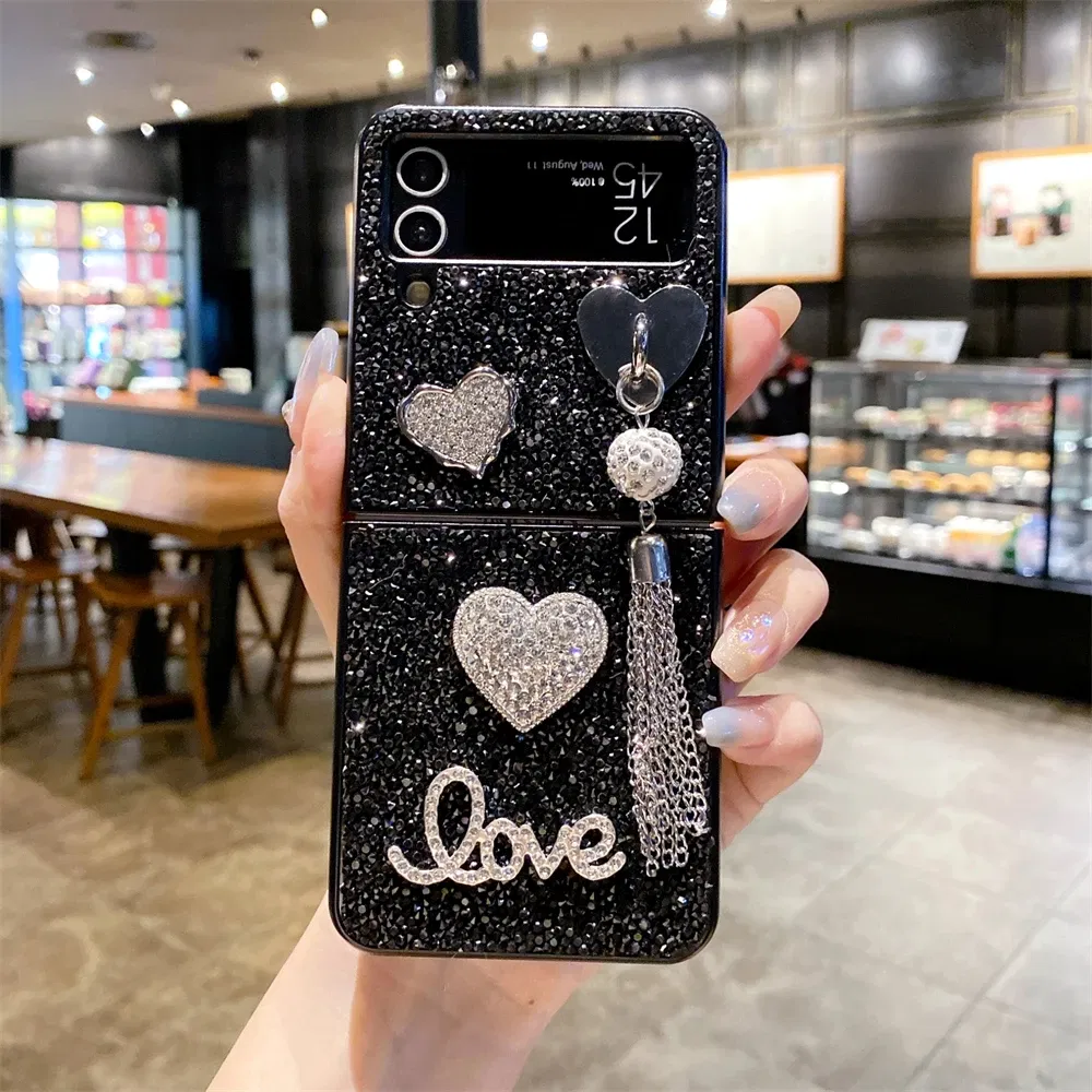 Color: Black, Material: ABS - Luxury Heart Diamond Tassel Phone Case for Samsung Galaxy Z Flip5 Case Z Flip4 Cover Z Flip3 Capa Z Flip 5 4 3 Cover 5G