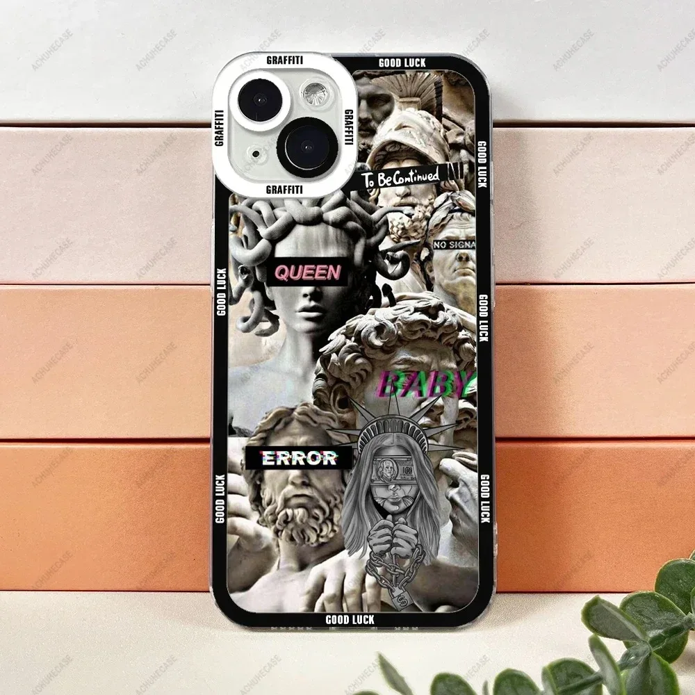 Color: Dark Grey, Material: Microfiber - Aesthetic Statue Art Phone Case For iPhone 16 15 14 13 12 11 Pro Max XS X XR Plus Mini Luxury Transparent Soft Funda