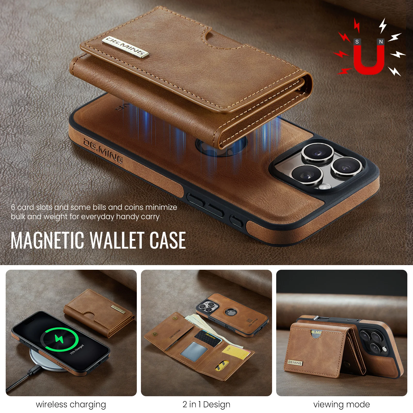 Color: black, Material: Plastic - Detachable 2 IN 1 Magnetic For Magsafe Leather Case For iPhone 16 Pro Max 15 12 13 11 14 Plus 16e Flip Wallet Card Holder Cover