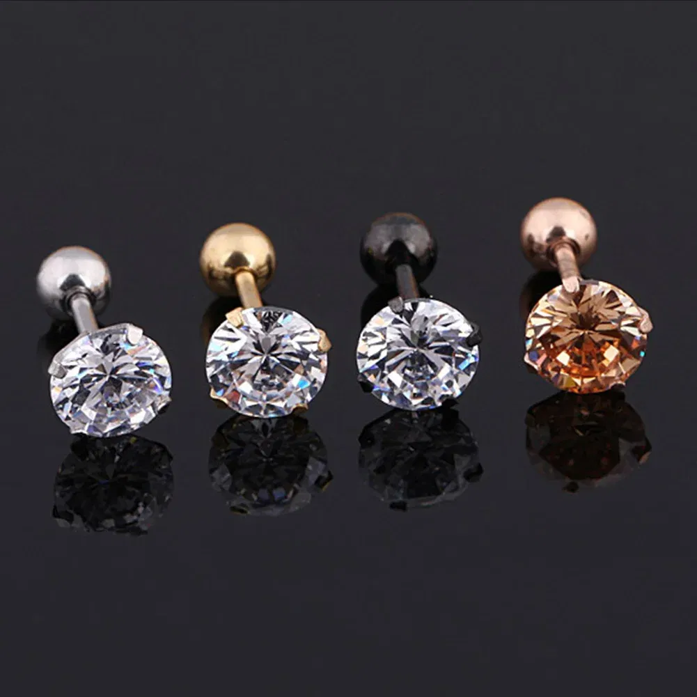 Metal Color: Light Yellow Color, Main Stone Color: Red - 1Pc Small Round Cz Tragus Cartilage Titanium Steel 16G 4 Prong Ear Stud Earrings Tragus Helix Piercing Jewelry Sexy Body Jewelry