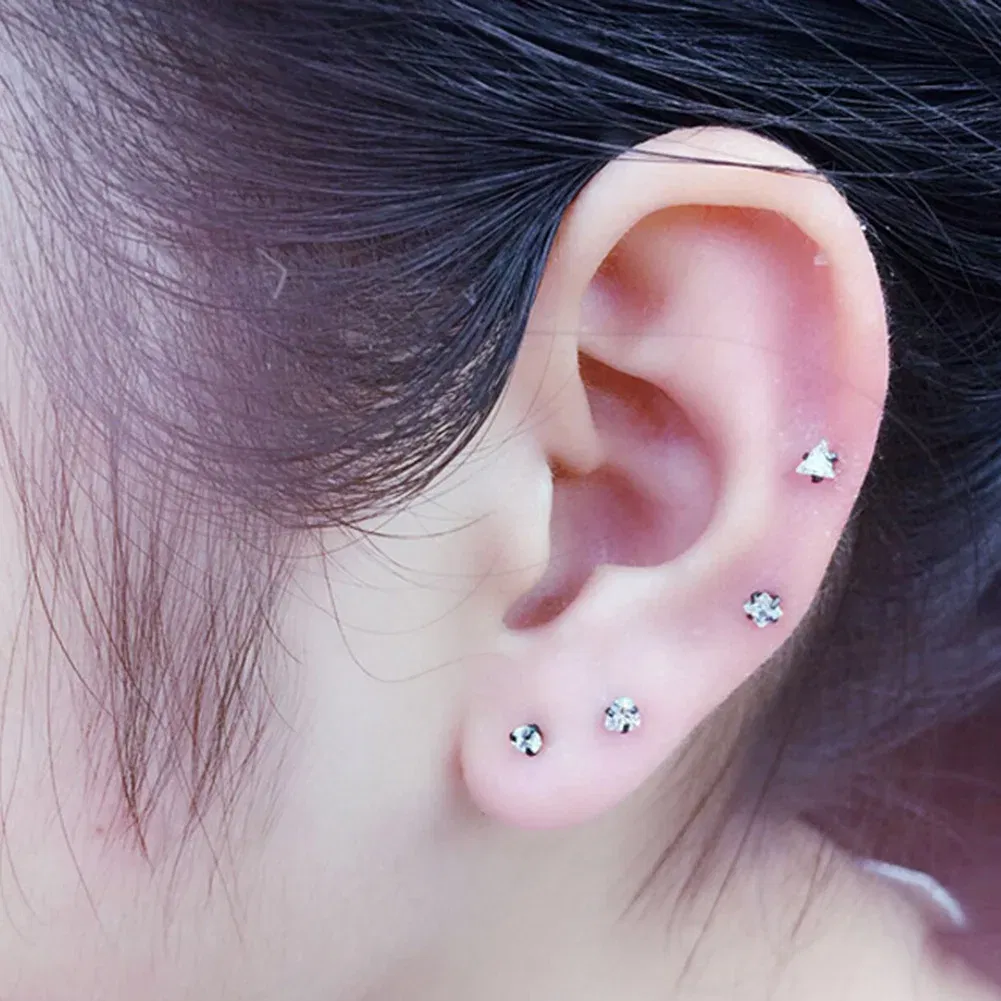 Metal Color: Light Yellow Color, Main Stone Color: Red - 1Pc Small Round Cz Tragus Cartilage Titanium Steel 16G 4 Prong Ear Stud Earrings Tragus Helix Piercing Jewelry Sexy Body Jewelry