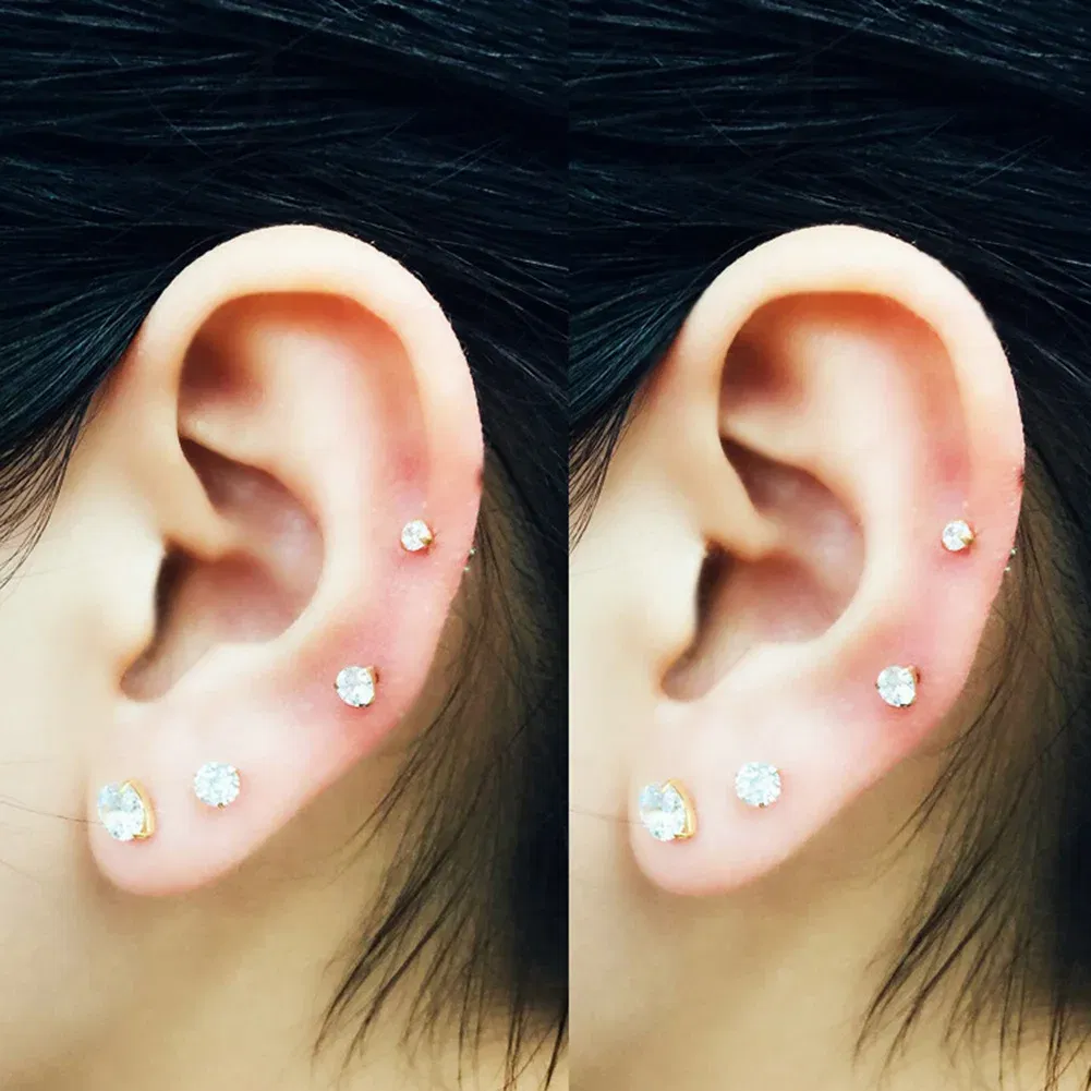 Metal Color: Light Yellow Color, Main Stone Color: Red - 1Pc Small Round Cz Tragus Cartilage Titanium Steel 16G 4 Prong Ear Stud Earrings Tragus Helix Piercing Jewelry Sexy Body Jewelry