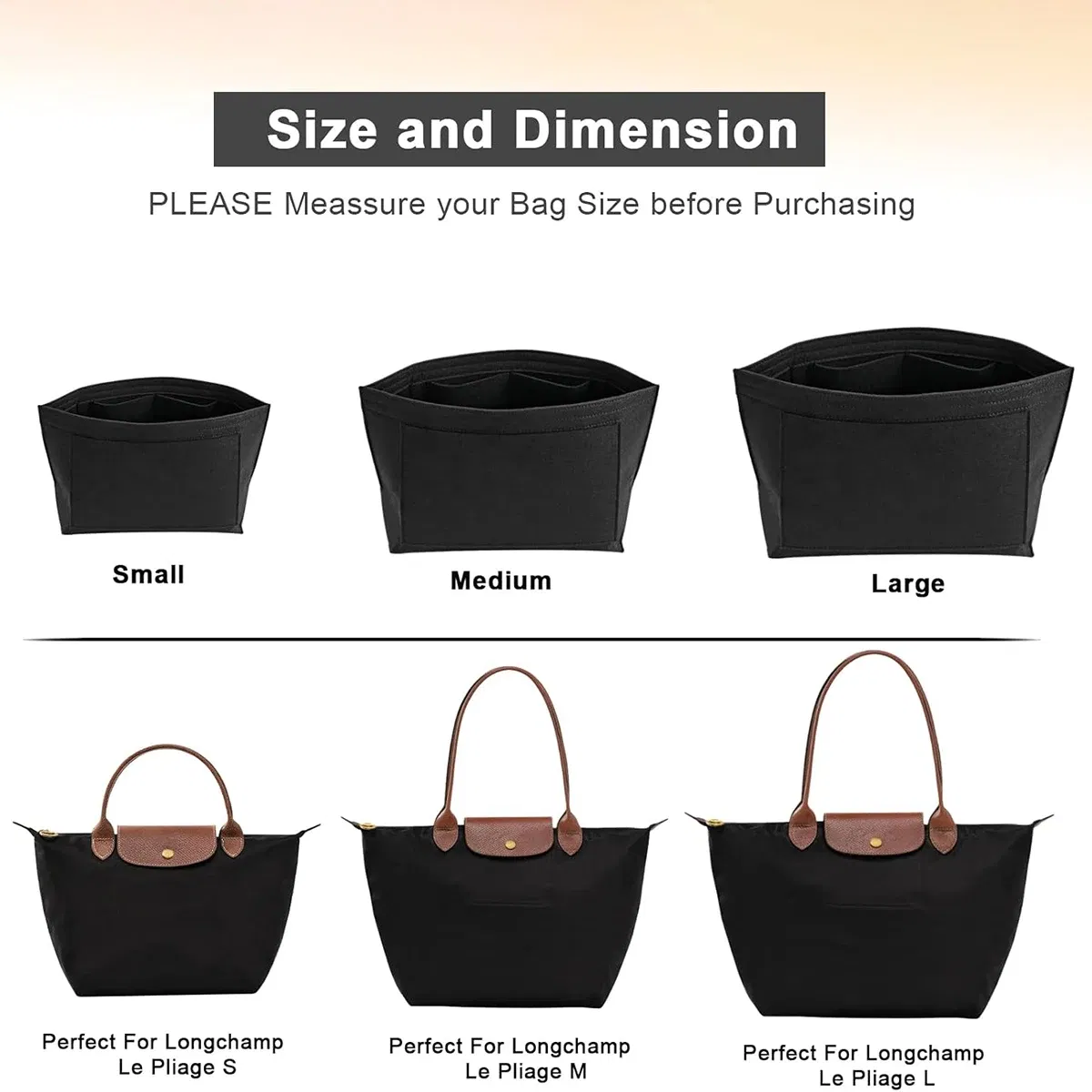 Color: Orange - Felt Purse Organizer Insert for Longchamp Le Pliage S/ML Handbag Insert