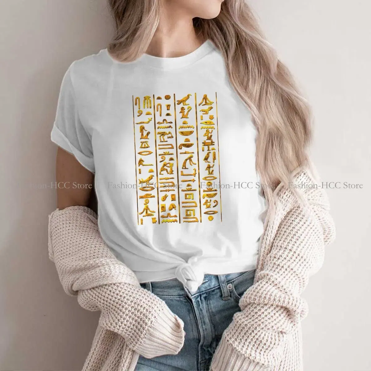 Color: black, Size: XXXL - Ancient Egypt Culture Polyester TShirts Hieroglyphs Gold On Black Distinctive Women's T Shirt Funny Tops