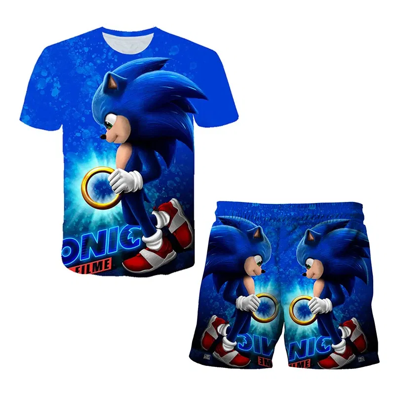 Color: WHITE, Size: 40cm - New Japanese cartoon Sonic T-shirt children's top T-shirt shorts two-piece set summer boy cartoon cute T-shirt+beach pants