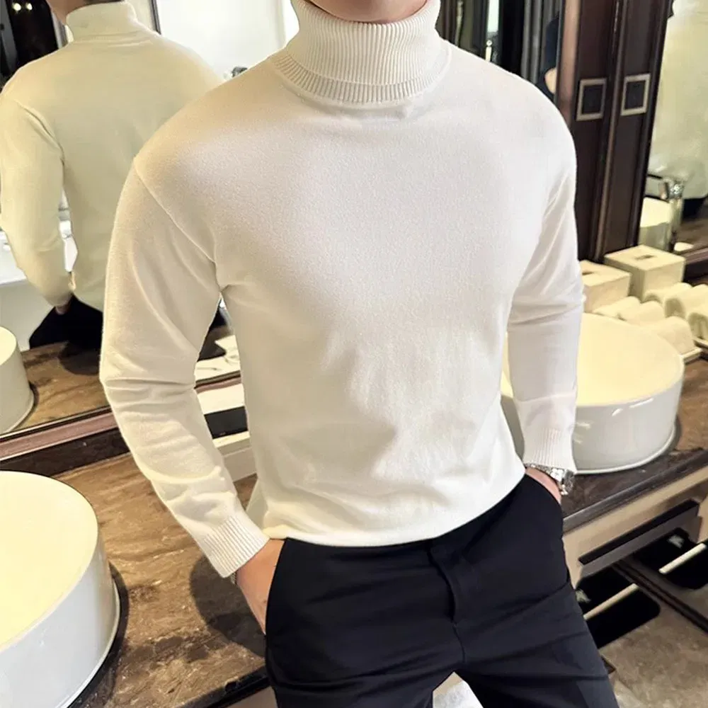 Color: Beige, Size: XL - Korean Fashion Autumn Winter Sweaters Men Pullovers Fleece Turtleneck Knitted Sweatshirt Warm Bottoming Shirts