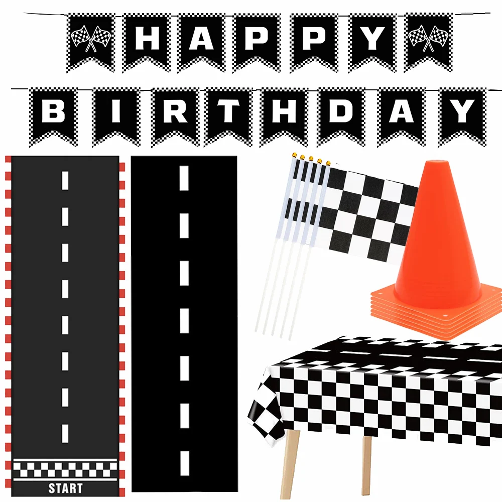 Color: Silver - Race Car Party Decoration 2M Table Runner Traffic Cones and Racing Checkered Flags Checkered Race Car Party Tablecloths