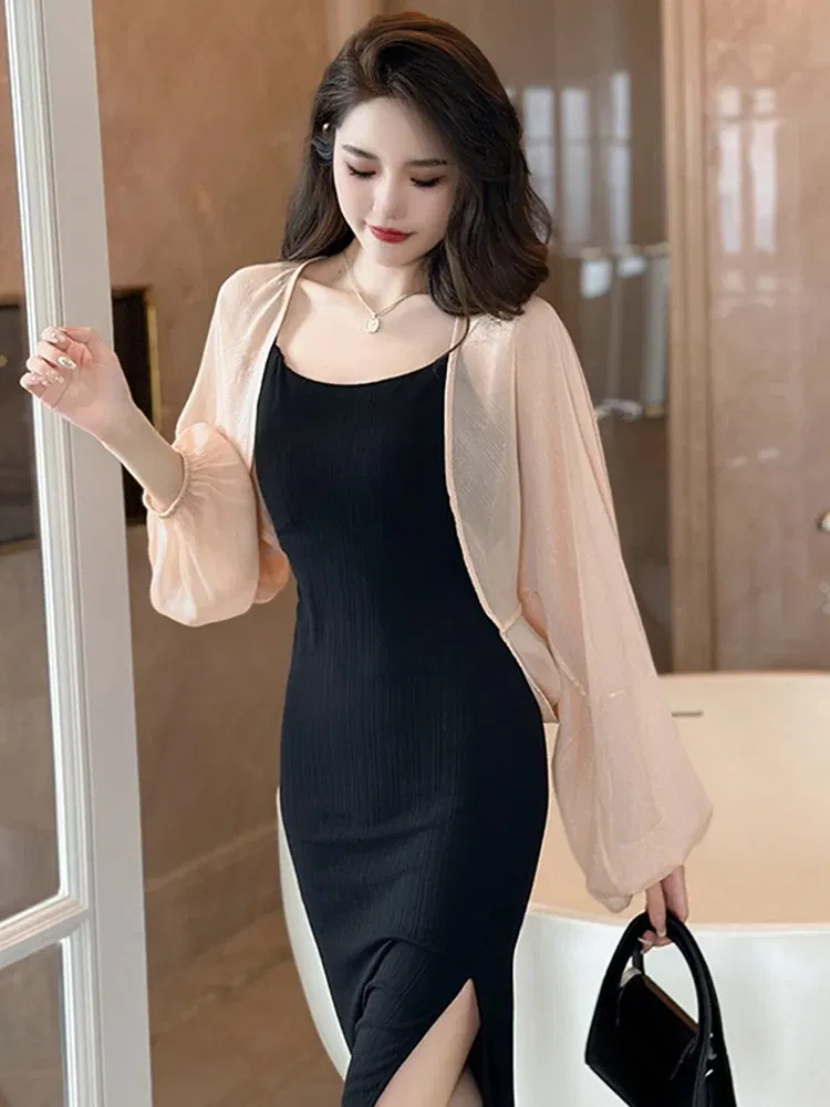Color: Pink, Size: L, Ships From: CN - 2023 Elegant Chic Sunscreen Tops Women's Summer Thin Cardigan Coat Light Thin Long Sleeve Back Slit Outwear Sheer Loose Jackets