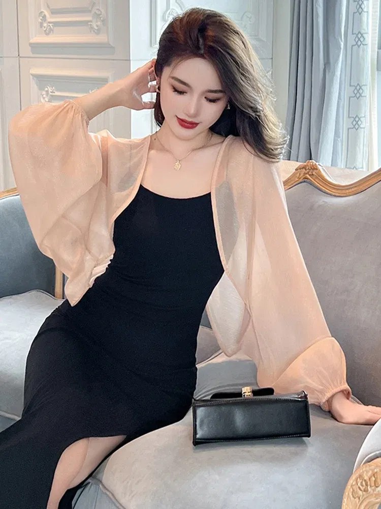 Color: Pink, Size: L, Ships From: CN - 2023 Elegant Chic Sunscreen Tops Women's Summer Thin Cardigan Coat Light Thin Long Sleeve Back Slit Outwear Sheer Loose Jackets